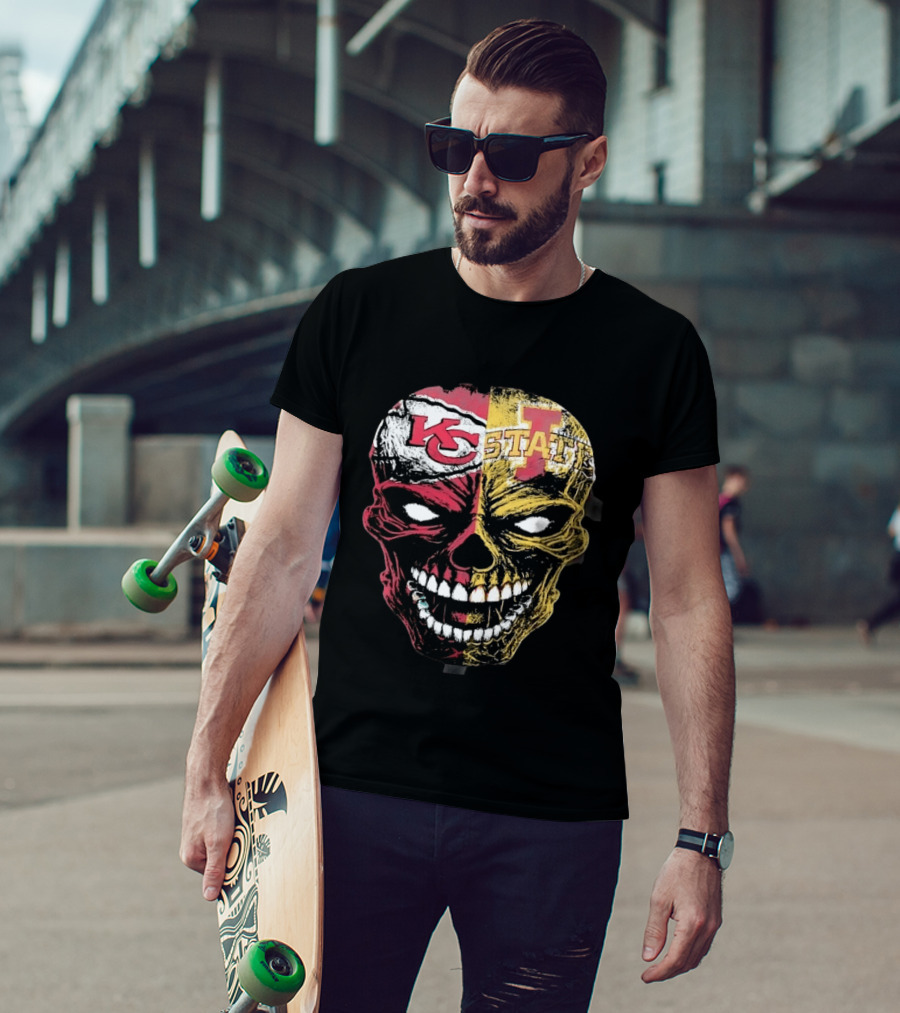 Kansas City Chiefs Iowa State Cyclones Skull Split Face T-Shirt