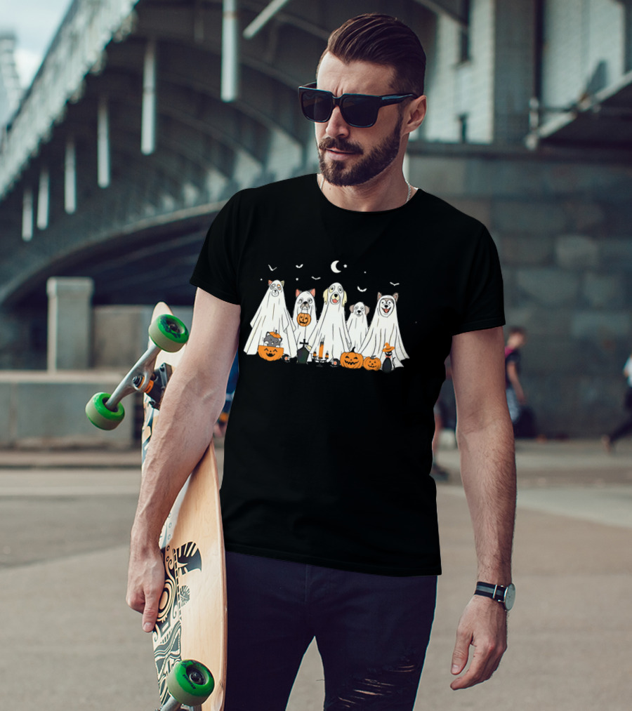 Halloween Ghost Dog Pack With Pumpkins And Moonlit Night T-Shirt