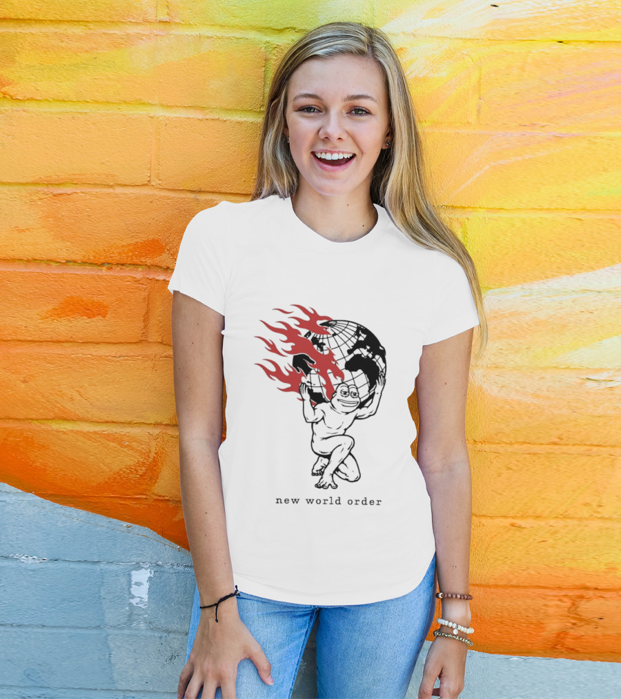 Frog Carrying Burning Earth With Flames New World Order T-Shirt