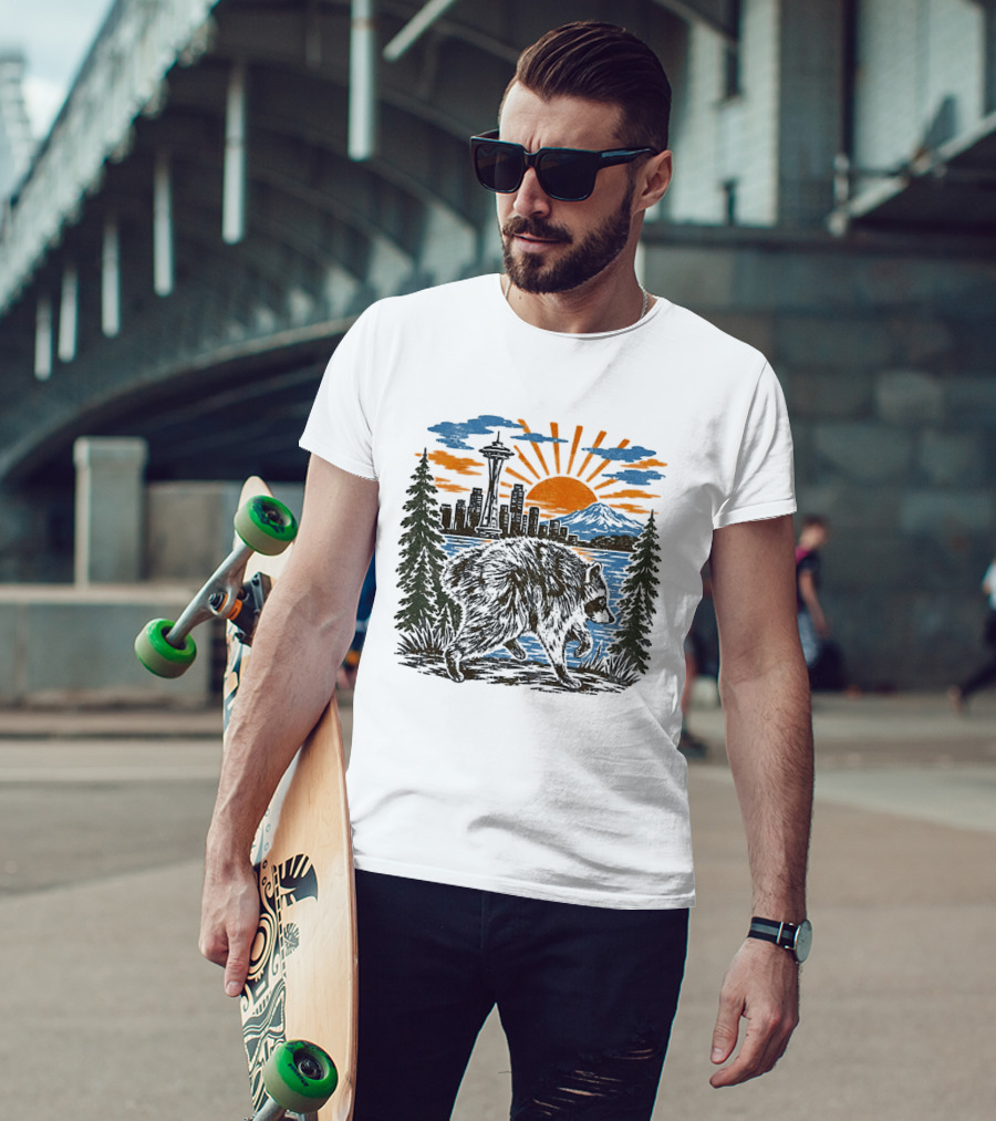 Raccoon Jimothy Seattle Skyline Sunset With Space Needle T-Shirt