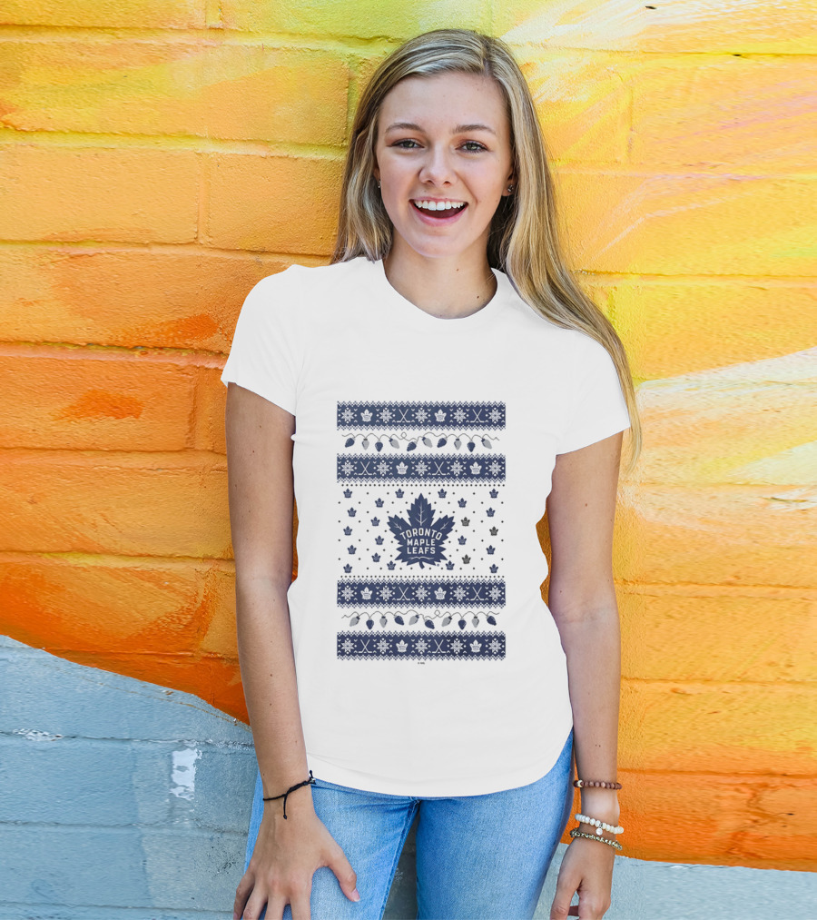 Toronto Maple Leafs Holiday Lights Festive Pattern Leafs Logo Snowflakes T-Shirt