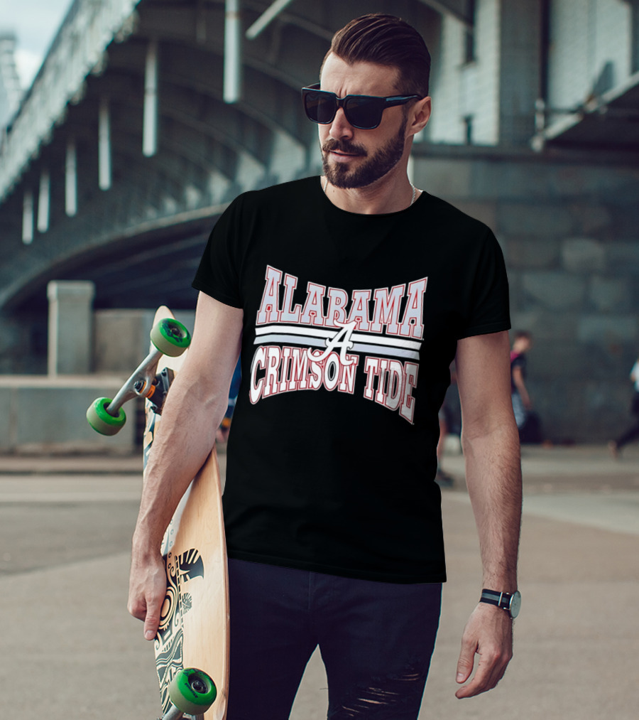 Alabama Crimson Tide Script A Curved Stripes Block Lettering T-Shirt