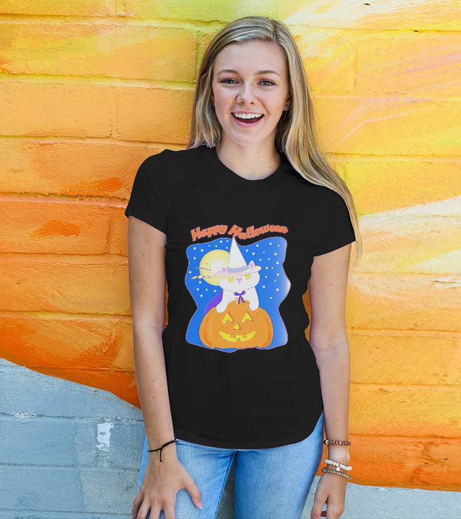 Happy Halloween Cat Witch On Pumpkin With Full Moon And Stars T-Shirt