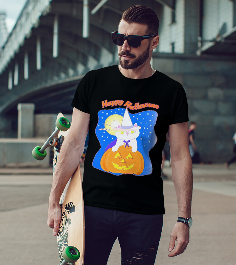 Happy Halloween Cat Witch On Pumpkin With Full Moon And Stars T-Shirt