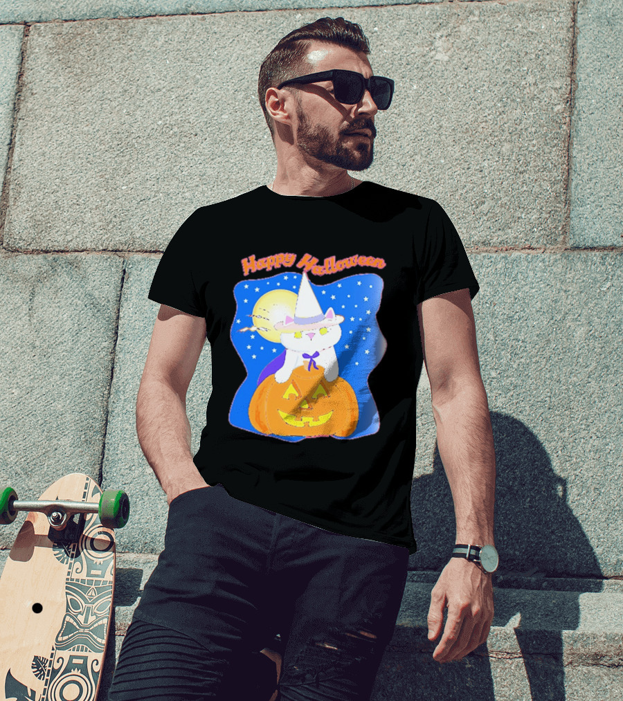Happy Halloween Cat Witch On Pumpkin With Full Moon And Stars T-Shirt