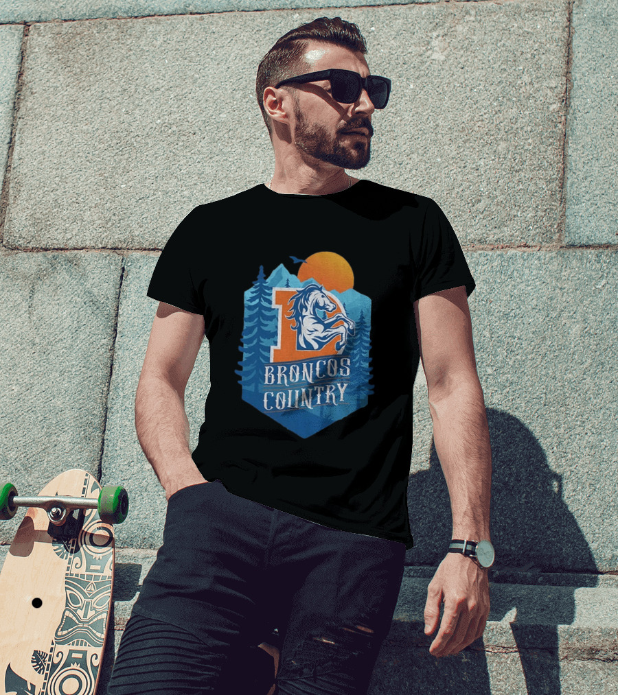Denver Broncos Country Logo Football Mountain Sunset T-Shirt