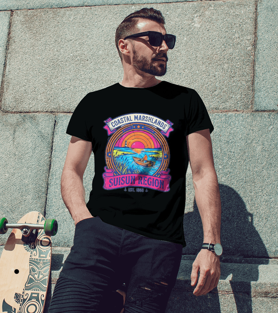 Coastal Marshlands Suisun Region Established 1868 Distressed Sunset Lighthouse Fisherman Boat Marsh T-Shirt
