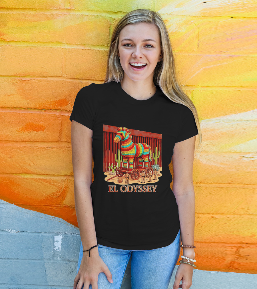 El Odyssey Piñata Horse Statue At Border With Cacti And Soldiers T-Shirt