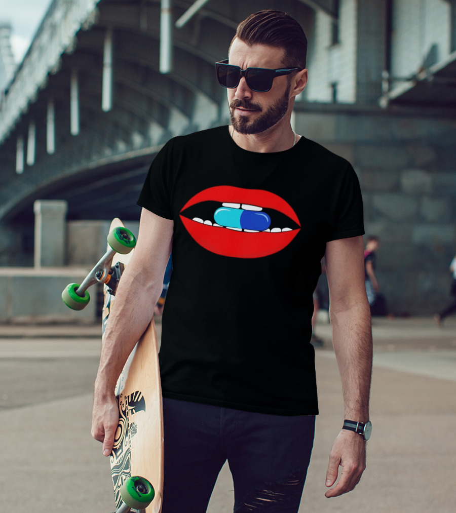 Red Lips Blue And Cyan Pill Bite T-Shirt