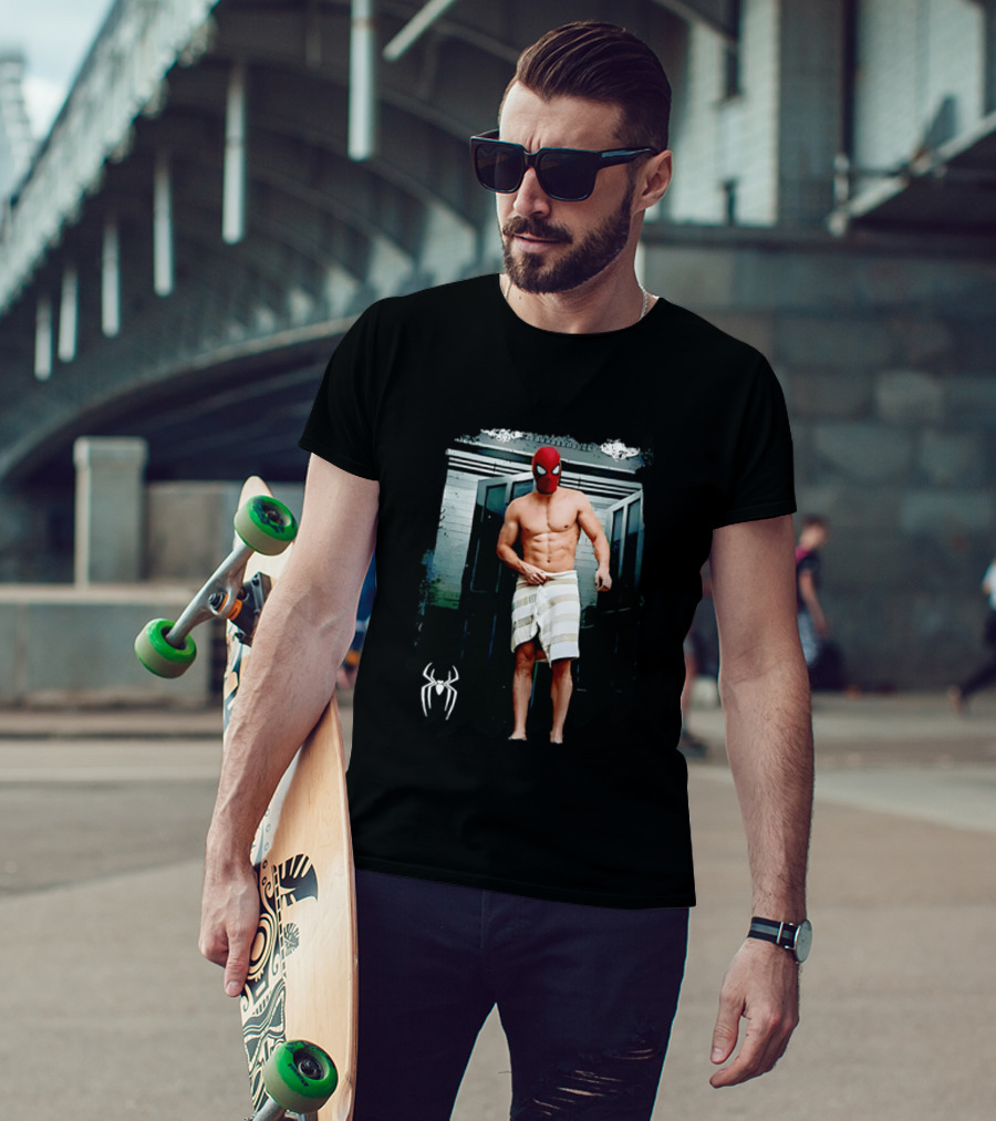 Spider Man Masked Figure In Towel Scene With Iconic White Spider T-Shirt