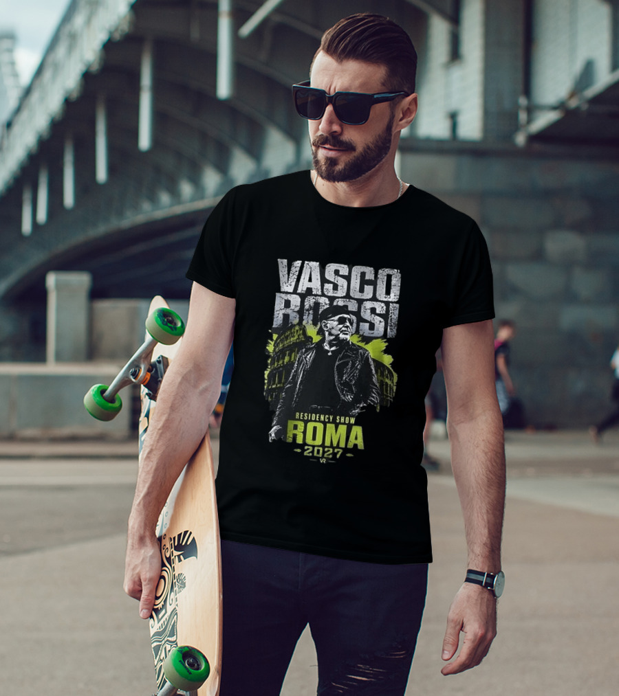 Vasco Rossi Residency Show Roma 2027 Black Leather Jacket Iconic Performance T-Shirt