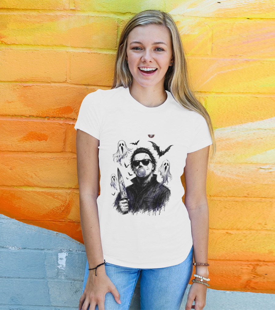 Michael Myers Bubble Gum Slasher Spooky Season Movie Ghosts And Bats T-Shirt