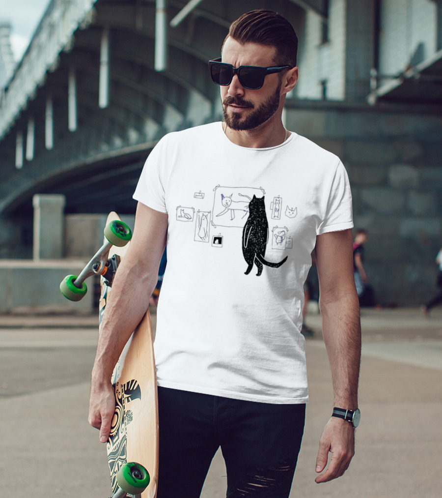 Black Cat Standing Looking At Sketches Line Drawing Wall Gallery T-Shirt
