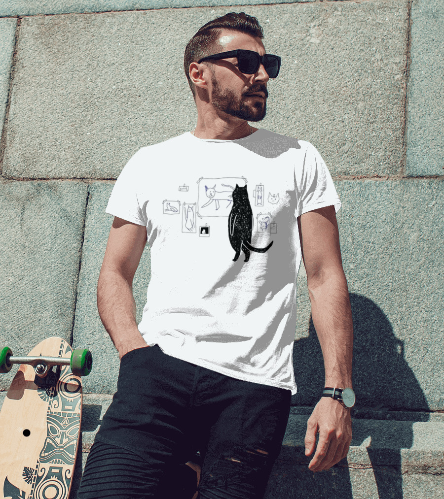 Black Cat Standing Looking At Sketches Line Drawing Wall Gallery T-Shirt