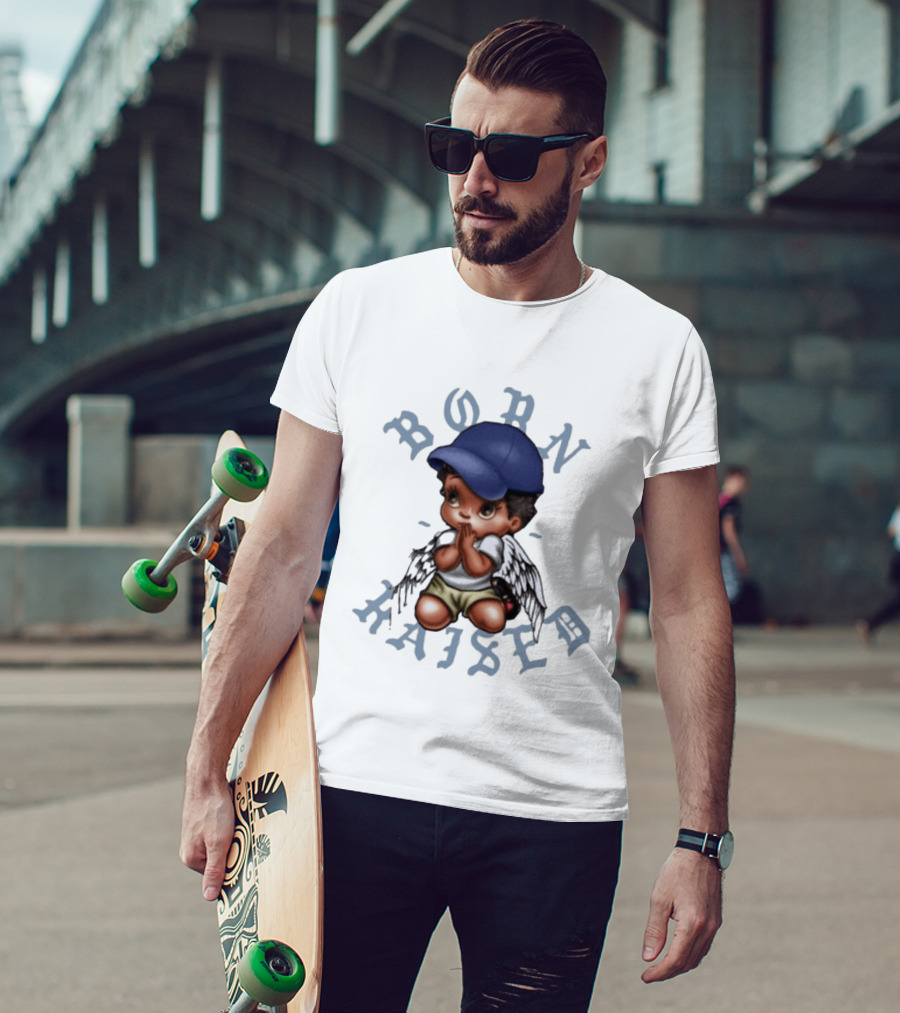 Born X Raised El Angel Cherub Praying With Wings And Cap T-Shirt