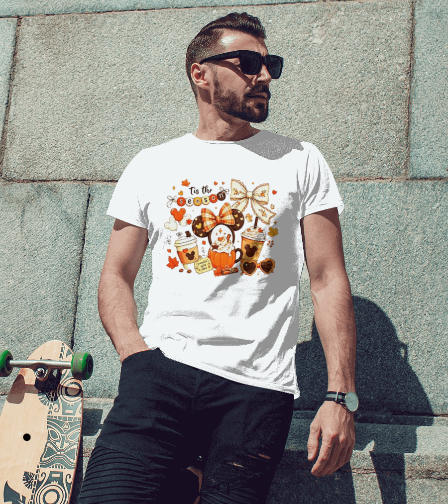 Tis The Season Disney Pumpkin Spice Autumn Coffee Ears And Bows T-Shirt