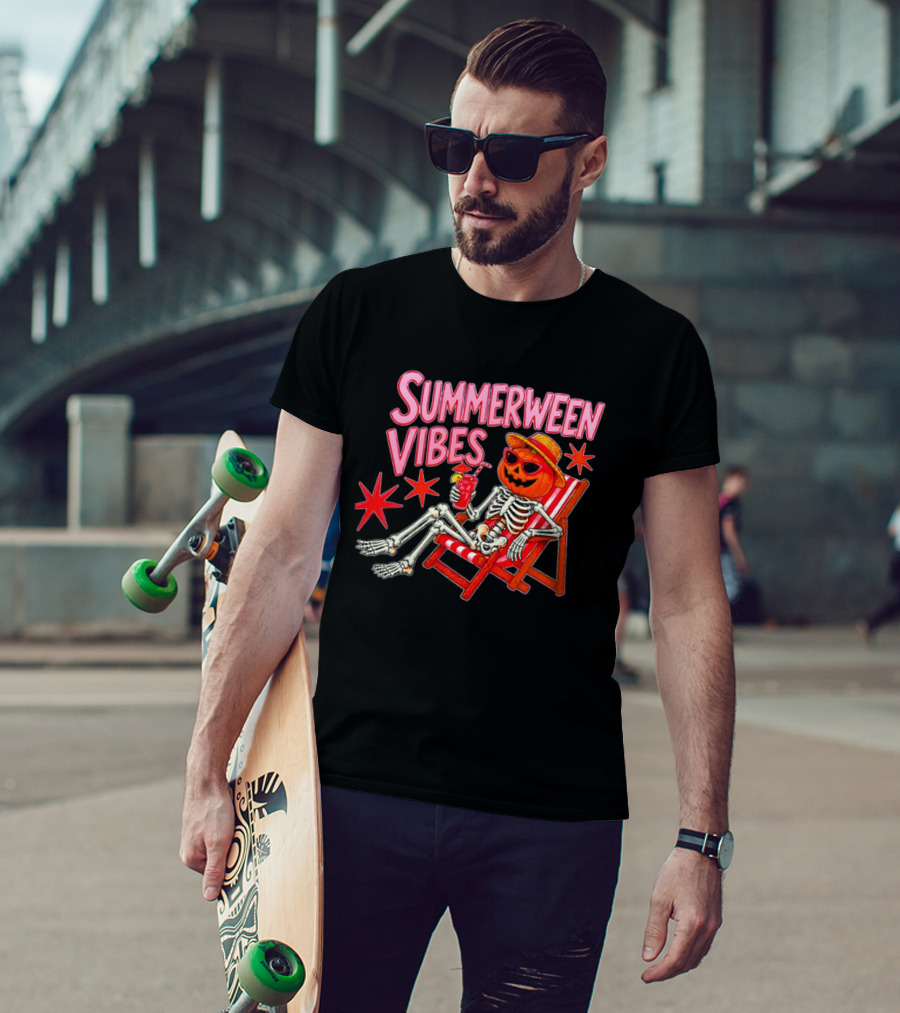 Summerween Vibes Skeleton Pumpkin Sunglasses Lounge Chair Drink T-Shirt