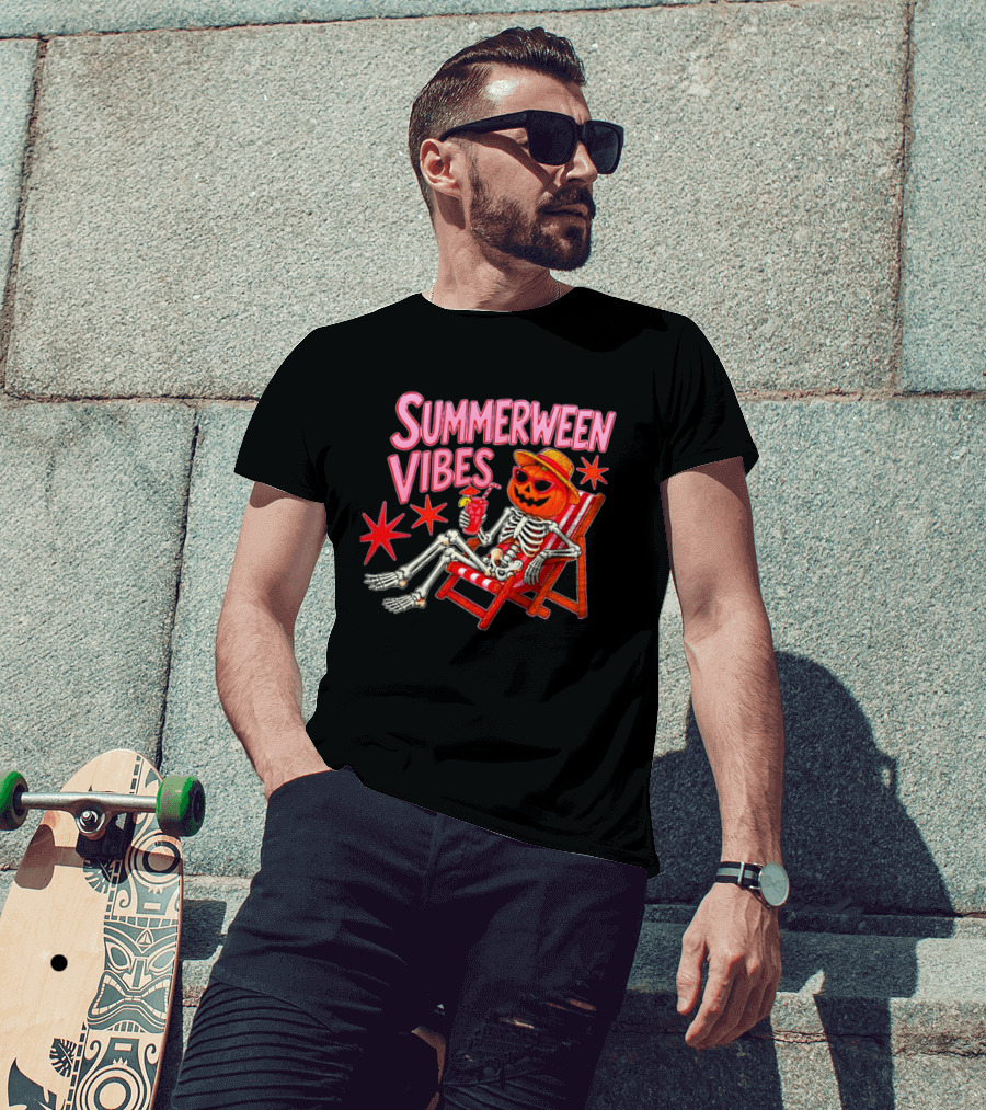 Summerween Vibes Skeleton Pumpkin Sunglasses Lounge Chair Drink T-Shirt