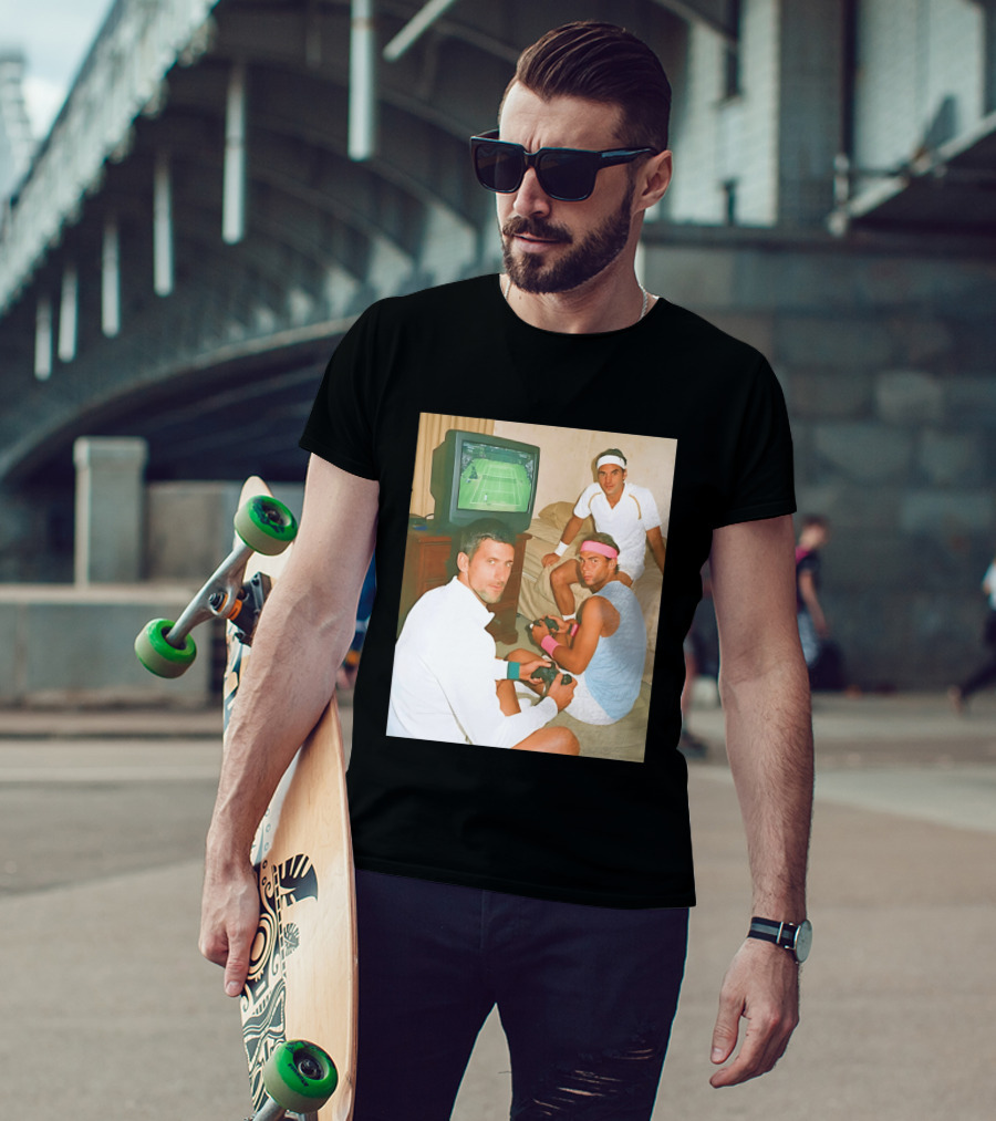 Novak Djokovic Rafael Nadal Roger Federer Playing Tennis Video Game T-Shirt