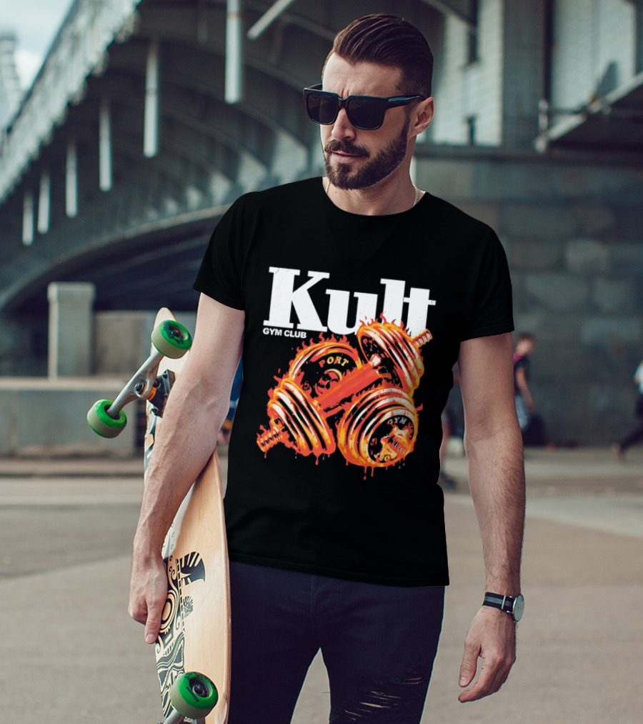 Kult Gym Club Sport Fiery Dumbbells Dripping Lava Distressed T-Shirt
