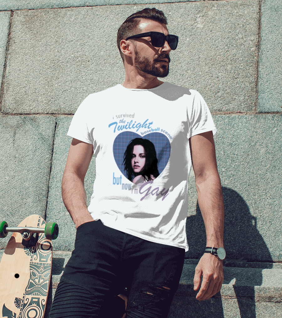 I Survived The Twilight Baseball Scene But Now I'm Gay Twilight Baseball Scene With Iconic Character In Heart Frame T-Shirt