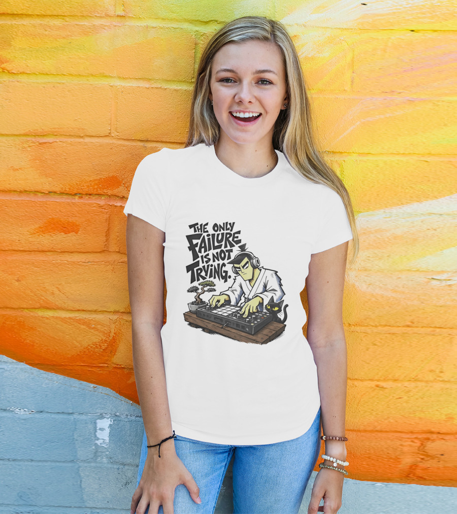 The Only Failure Is Not Trying Samurai DJ With Cat And Bonsai T-Shirt