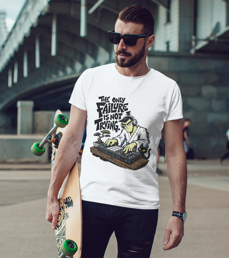 The Only Failure Is Not Trying Samurai DJ With Cat And Bonsai T-Shirt