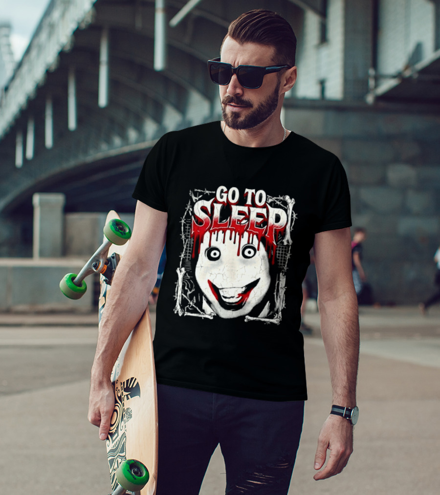 Go To Sleep Creepy Pale Face Bloody Smile Barbed Wire Bones T-Shirt
