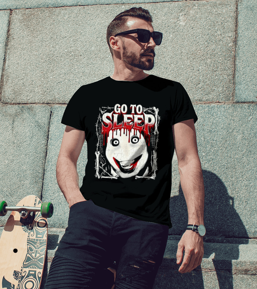 Go To Sleep Creepy Pale Face Bloody Smile Barbed Wire Bones T-Shirt