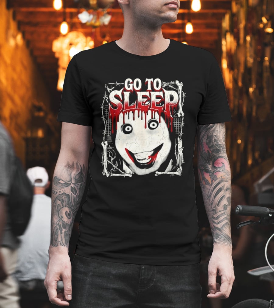 Go To Sleep Creepy Pale Face Bloody Smile Barbed Wire Bones T-Shirt