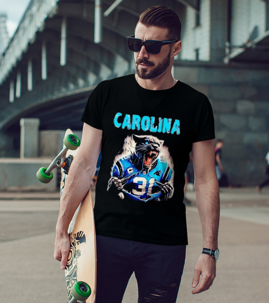 Carolina Panthers Snarling Beast Tearing Blue Jersey 31 T-Shirt