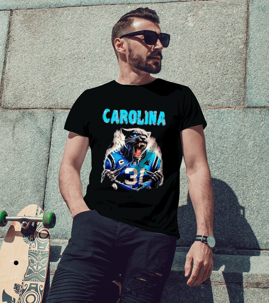 Carolina Panthers Snarling Beast Tearing Blue Jersey 31 T-Shirt