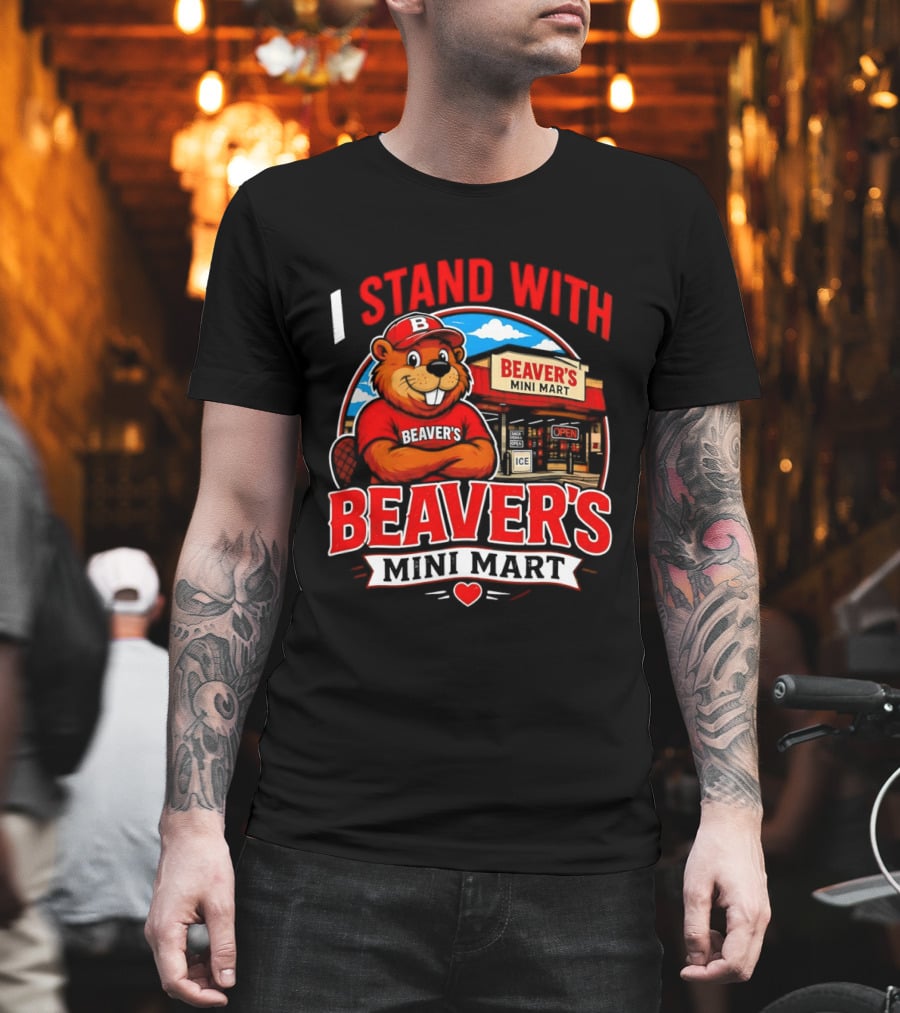 I Stand With Beaver's Mini Mart Cartoon Character Storefront T-Shirt