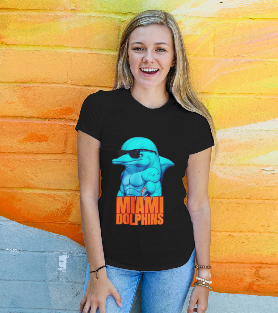 Miami Dolphins Fins Up Muscular Cartoon Sunglasses Tattoo T-Shirt