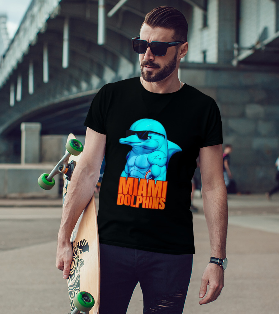 Miami Dolphins Fins Up Muscular Cartoon Sunglasses Tattoo T-Shirt