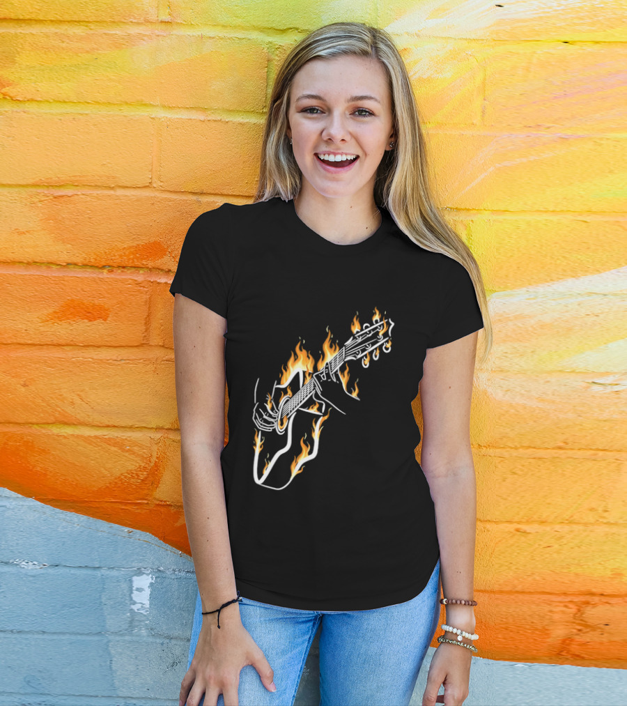 Musician Hands Flaming Acoustic Guitar White Line Artistry T-Shirt