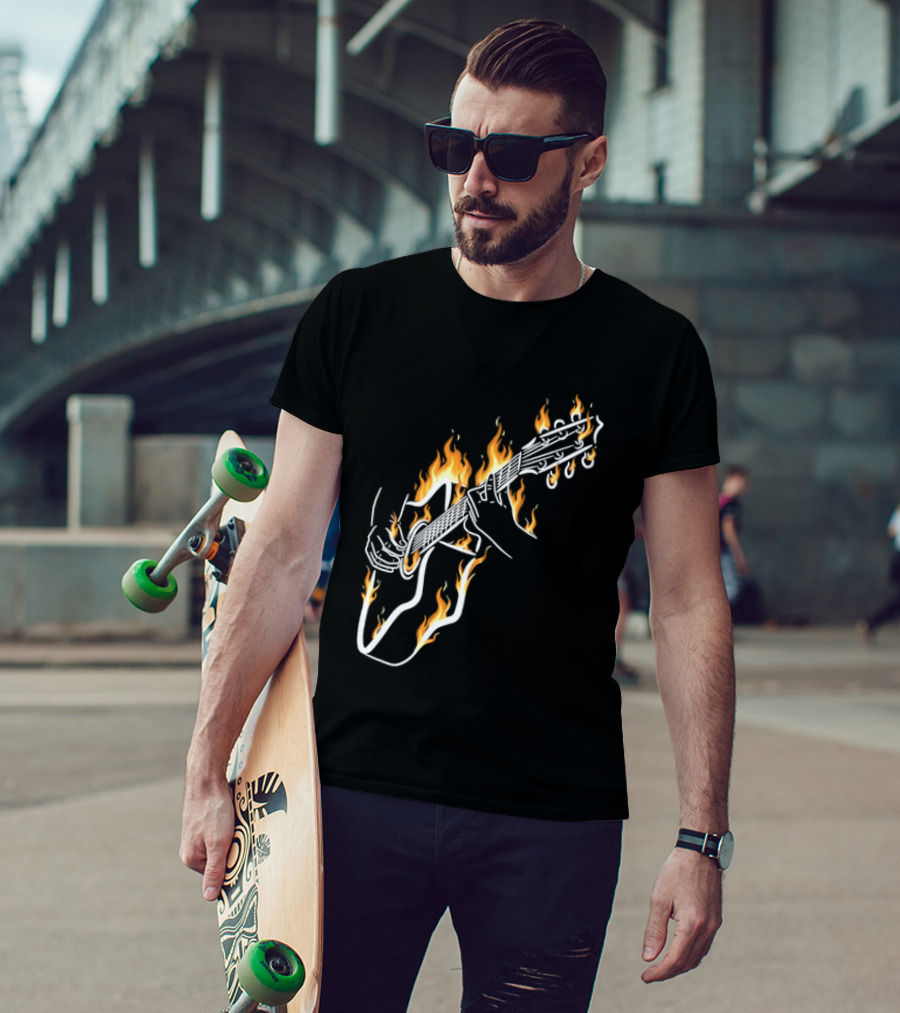 Musician Hands Flaming Acoustic Guitar White Line Artistry T-Shirt