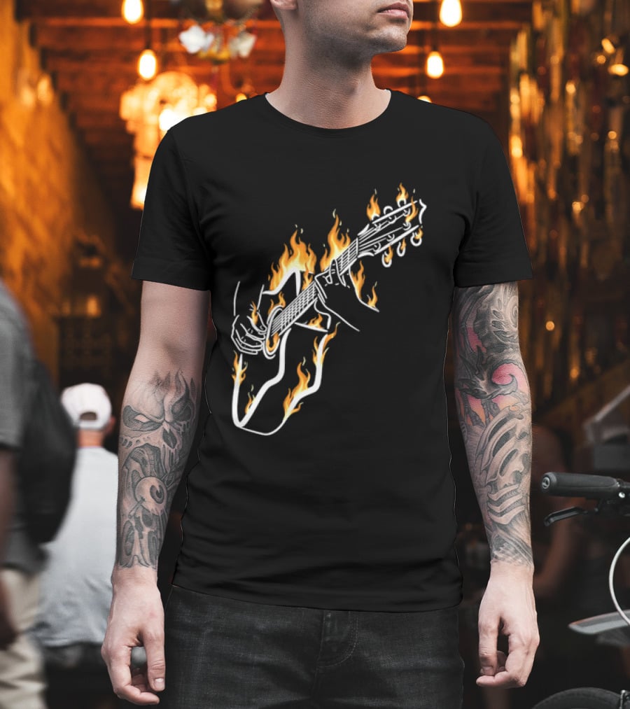 Musician Hands Flaming Acoustic Guitar White Line Artistry T-Shirt