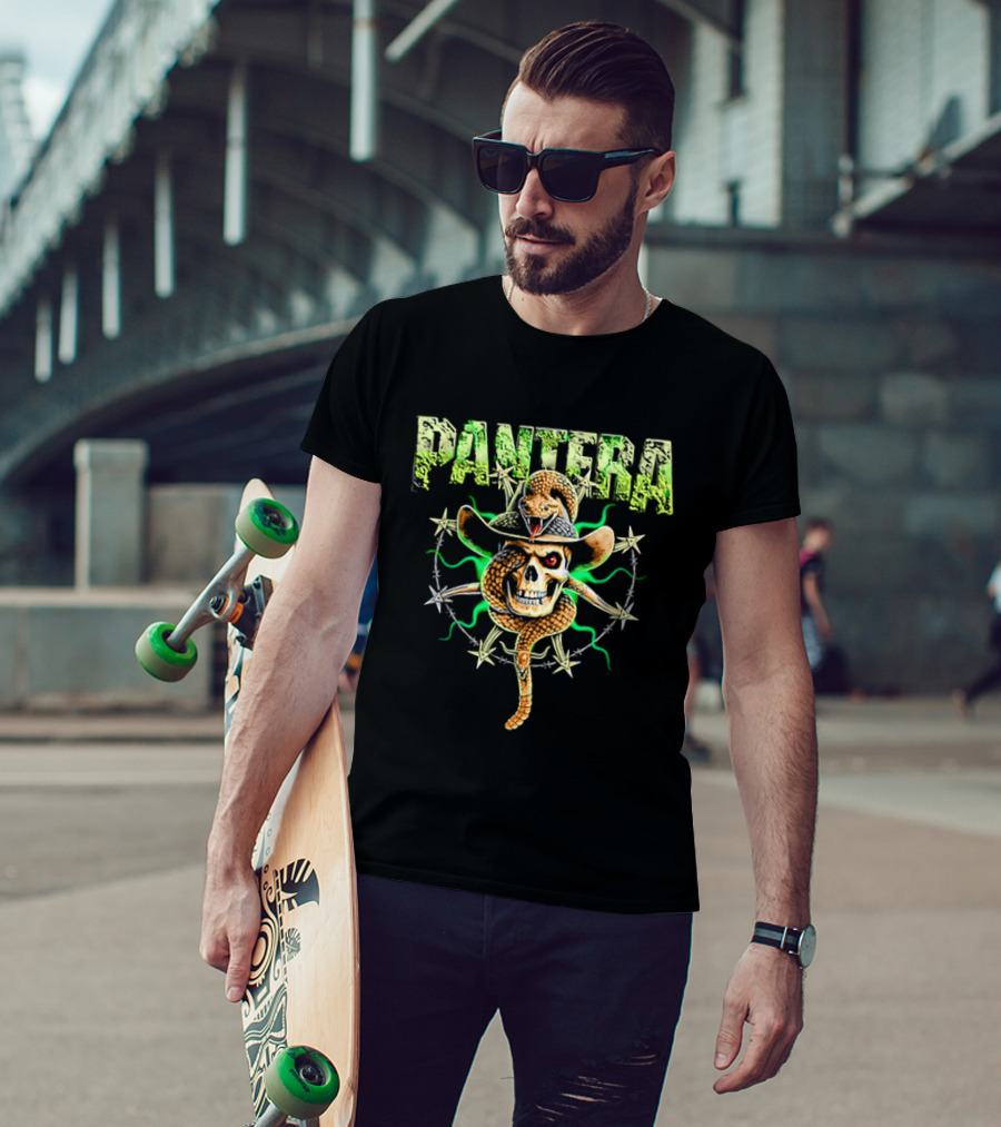 Pantera Rattlesnake Coiled Skull Cowboy Hat Green Glow T-Shirt