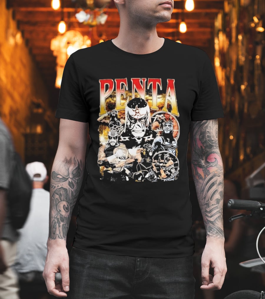 Penta Masked Luchador Wrestler Belt Photo Collage Bootleg T-Shirt