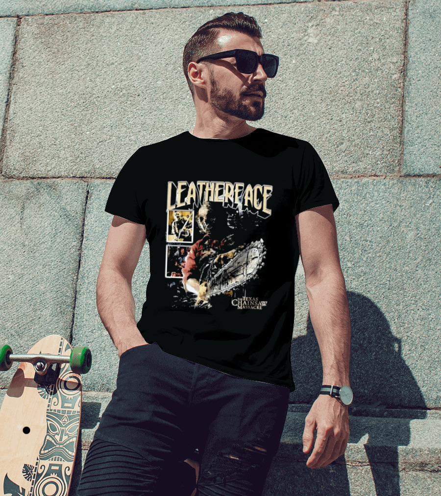 Leatherface Texas Chainsaw Massacre Horror Collage Holding Saw T-Shirt