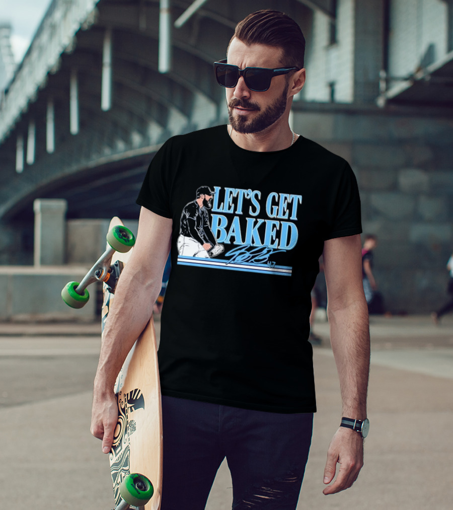 LET'S GET BAKED Bryan Baker Bearded Baseball Pitcher Celebrating Line T-Shirt