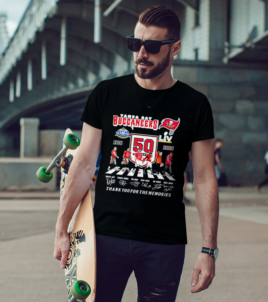 Tampa Bay Buccaneers 50th Anniversary Thank You For The Memories Warren Sapp Derrick Brooks Abbey Road Crosswalk 1976 2026 T-Shirt