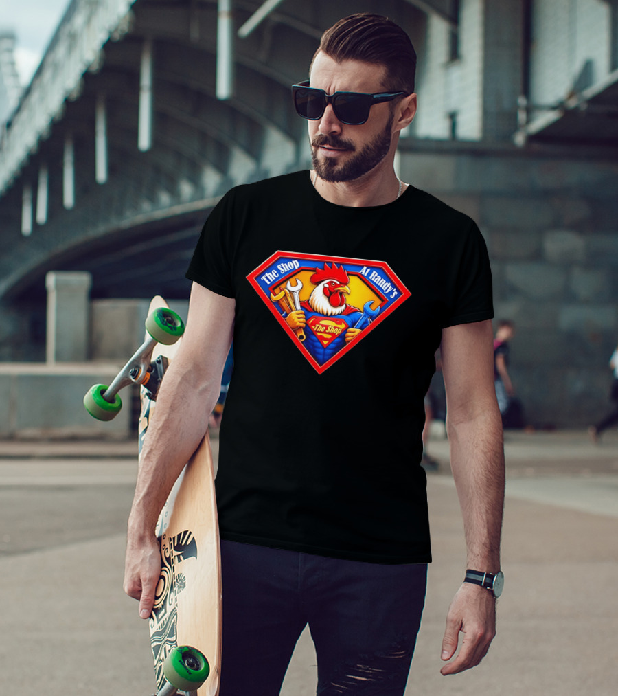 The Shop At Randy's Cartoon Rooster Superhero Wrenches Crest T-Shirt