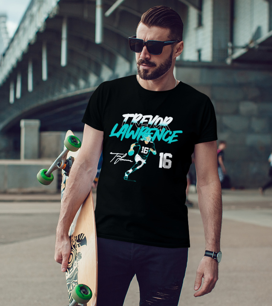 Trevor Lawrence No 16 Jaguars Signature Style Football 2026 T-Shirt