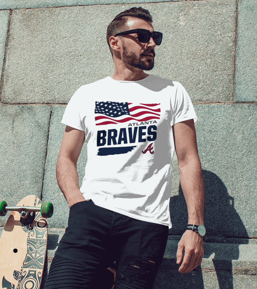 Atlanta Braves Waving American Flag Brushstroke MLB T-Shirt