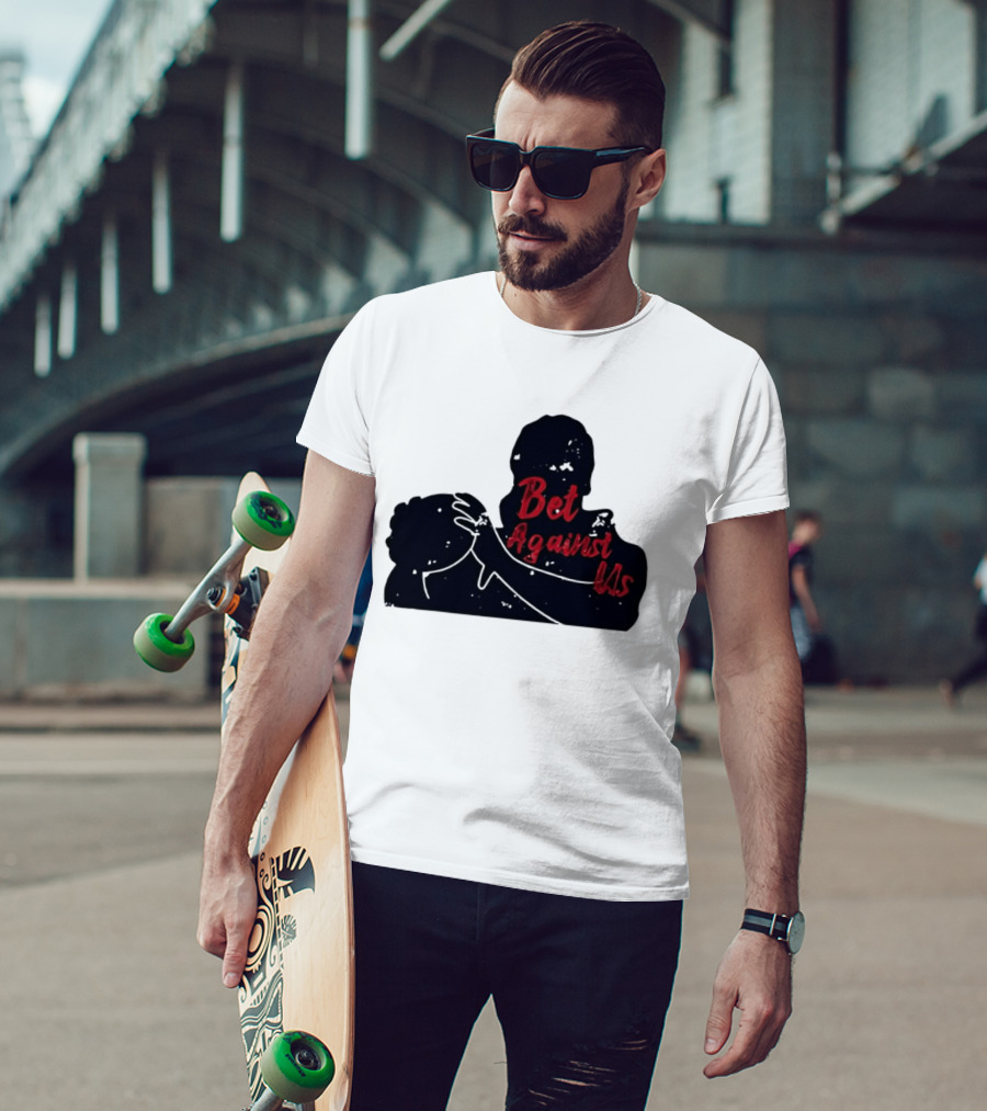 Bet Against Us Red Script Embracing Figures White Line T-Shirt