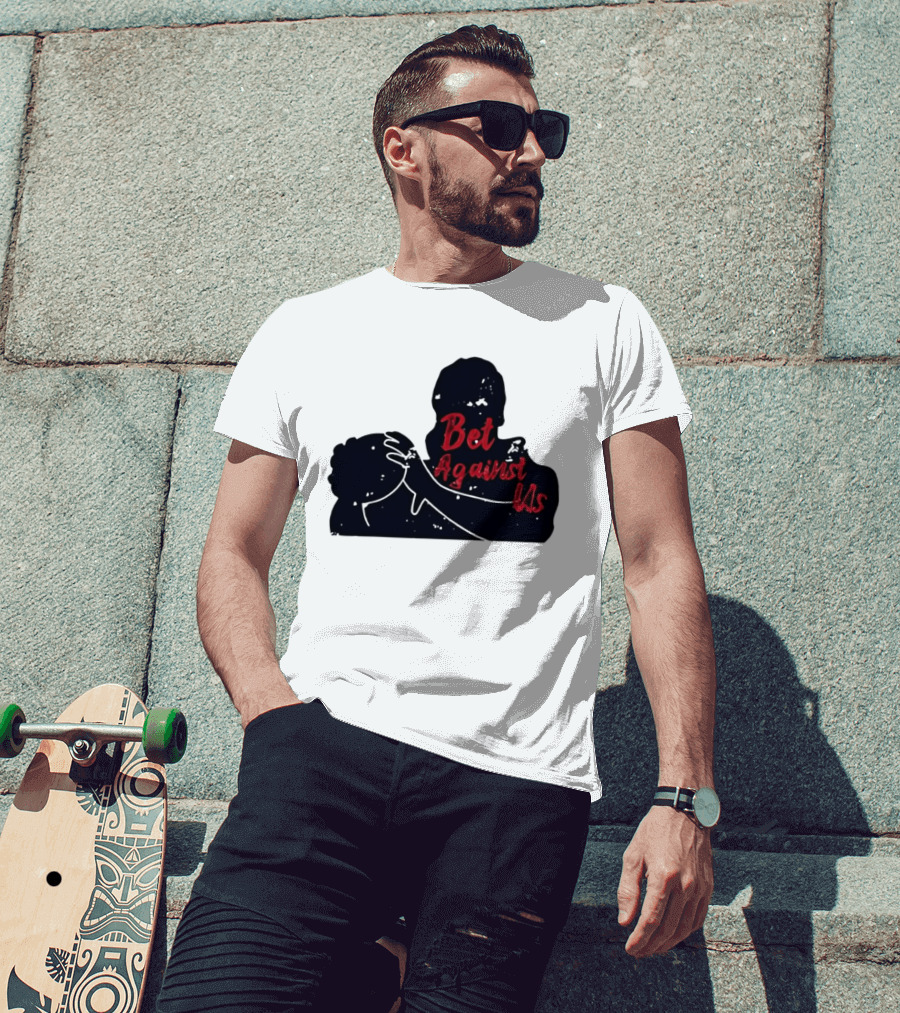 Bet Against Us Red Script Embracing Figures White Line T-Shirt