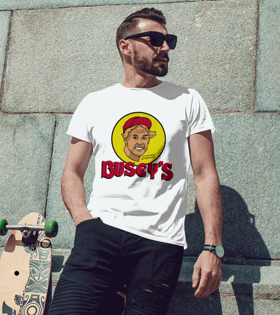 Busey's Let's Talk About Buttered Sausage Gary Busey Red Cap T-Shirt