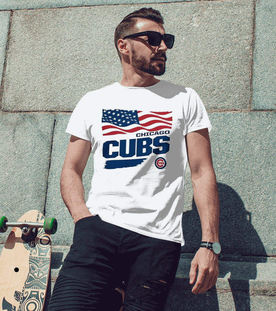 Chicago Cubs American Flag Waving Paint Brush Stroke MLB Cubs T-Shirt